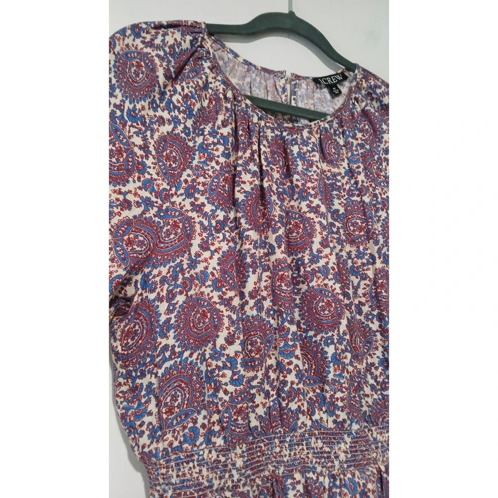 J.Crew Palermo Smocked-Waist Linen Dress Size MT Floral Medallion Casual Coastal